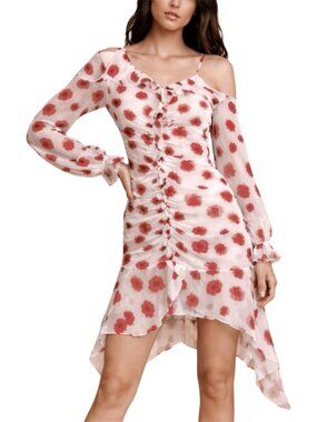 Melloday Red Poppy Floral One Shoulder Long Sleeve Chiffon Dress NWT Size L